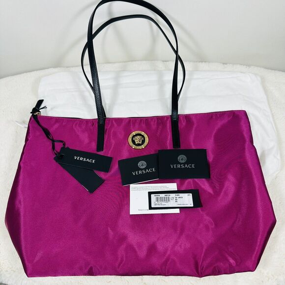 VERSACE Nylon Medusa Leather Straps Pink Dahlia Tote Shoulder Bag NWT $1,290 - Picture 3 of 8